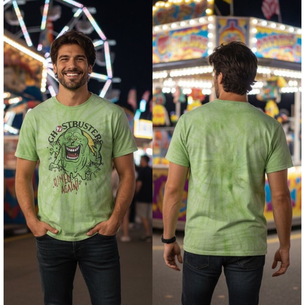 Ghostbusters Slimer Slimed Again Tie Dye Shirt Men’s Small 34 Chest Green Tee